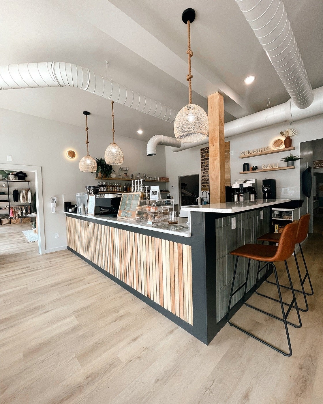 Warm wood and comfortable seating at Chasing Cali
